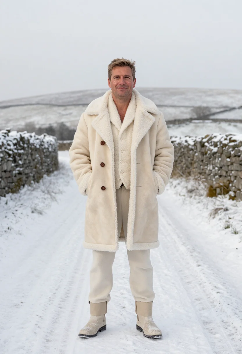 AI shearling cream sample — portrait of a man, full-length standing portrait of a Wester