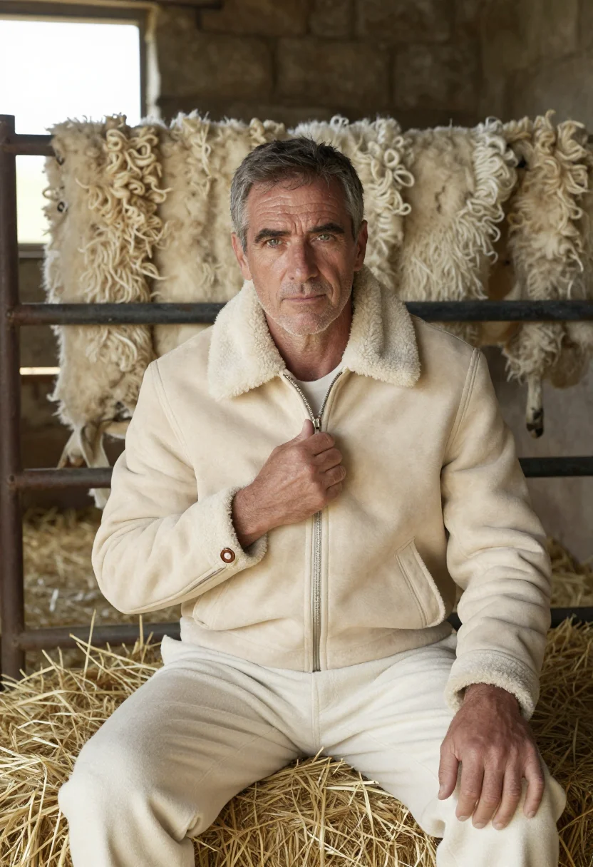 AI shearling cream sample — portrait of a man, chest-up portrait of a Western-European m