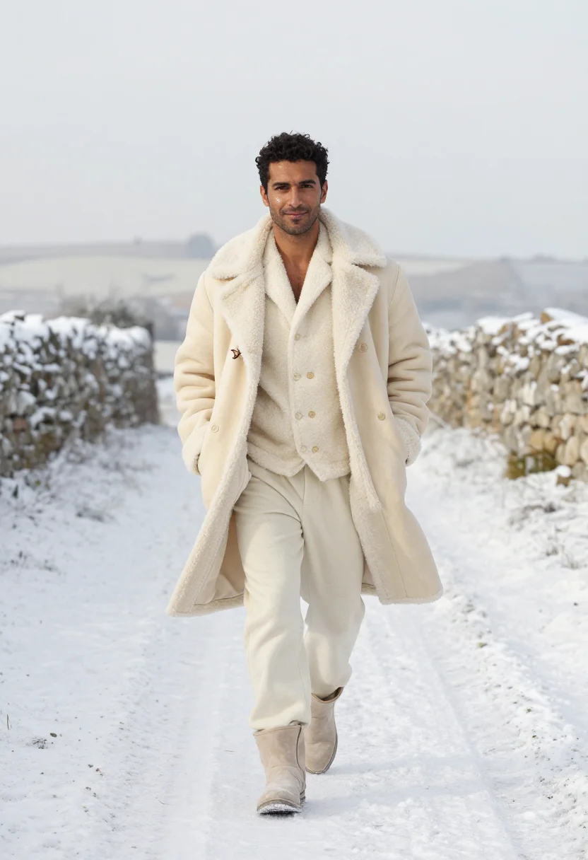 AI shearling cream sample — portrait of a man, walking three-quarter portrait of a Medit