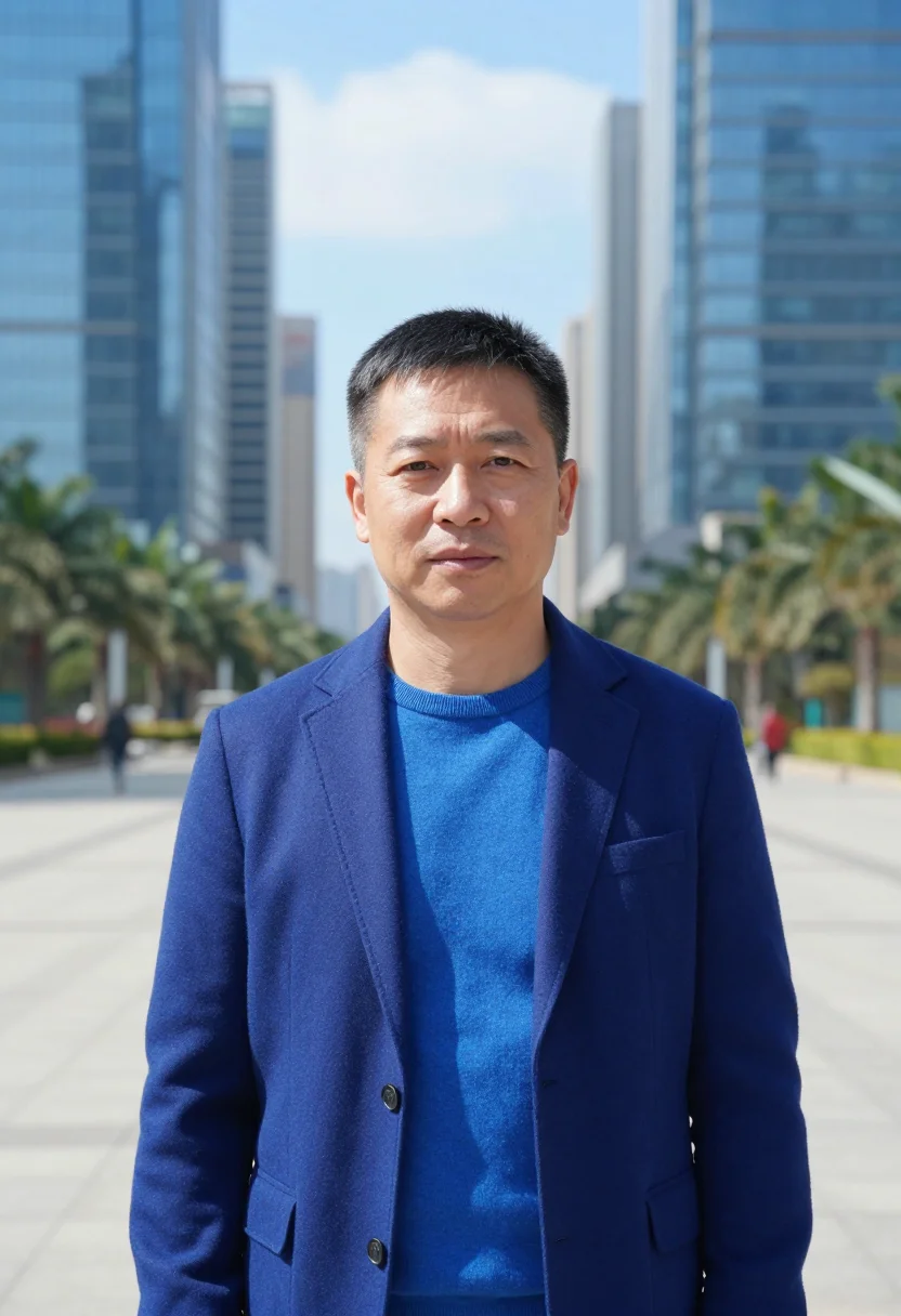 AI shenzhen hardware founder electric blue sample — portrait of a man, a Chinese hardware company founder in his