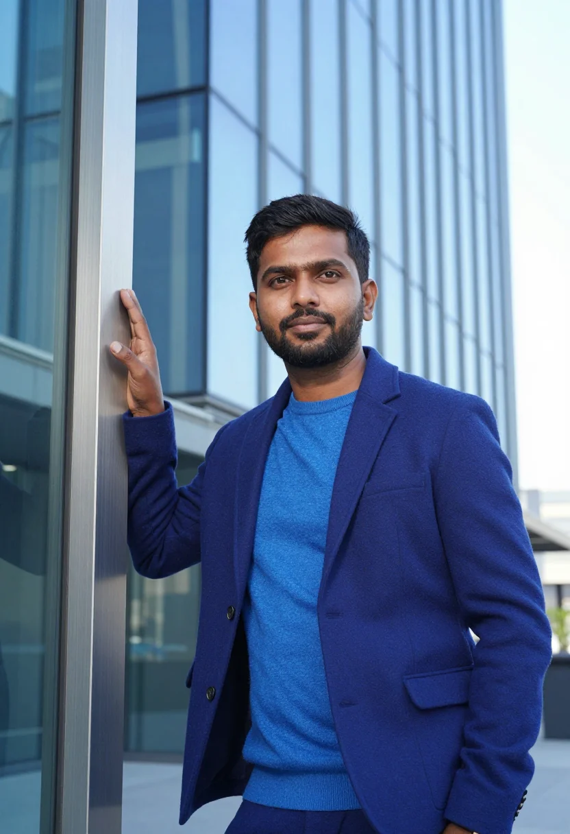 AI shenzhen hardware founder electric blue sample — portrait of a man, an Indian hardware company founder in his