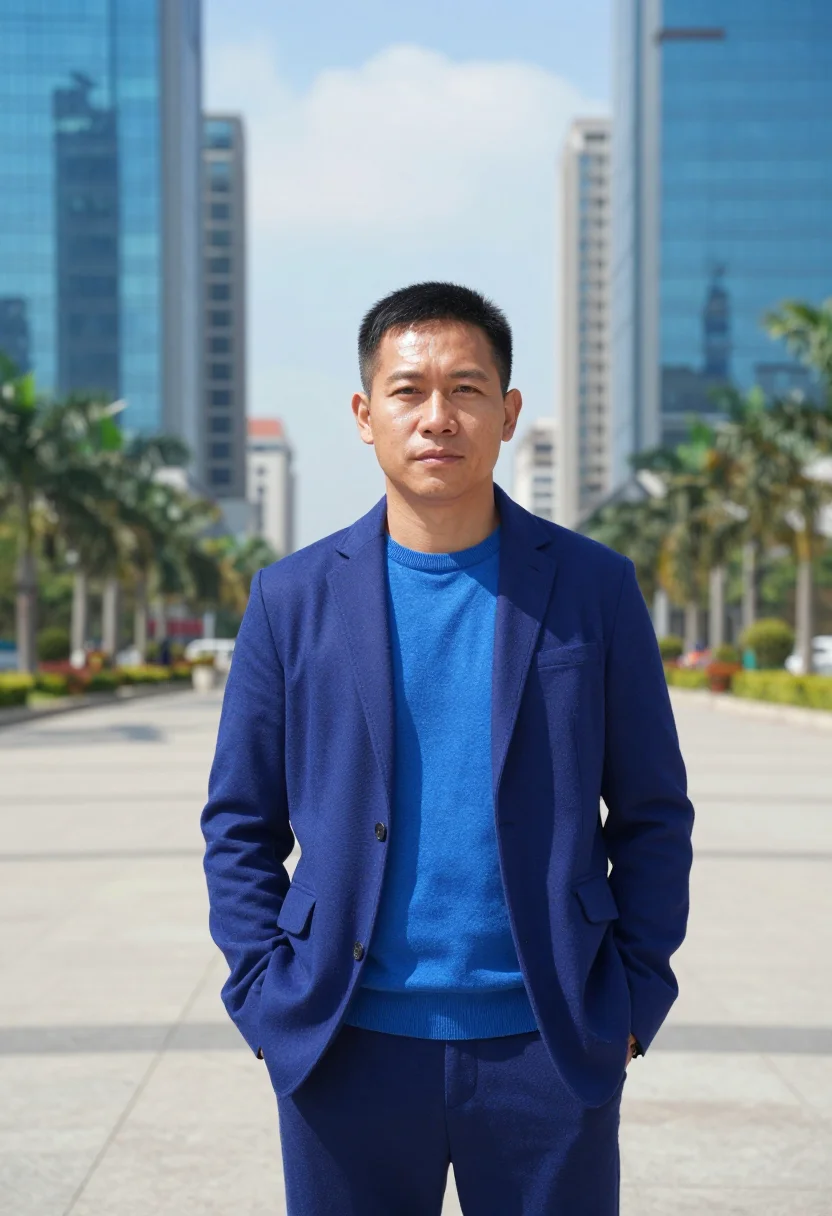 AI shenzhen hardware founder electric blue sample — portrait of a man, a Vietnamese hardware company founder in