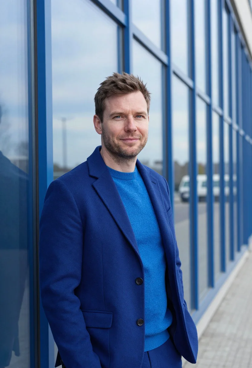 AI shenzhen hardware founder electric blue sample — portrait of a man, a Dutch hardware company founder in his e