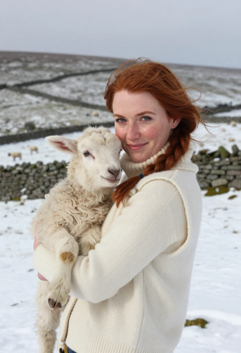 AI shepherdess lambing cream sample — portrait of a woman, framed chest-up from the ribs with the