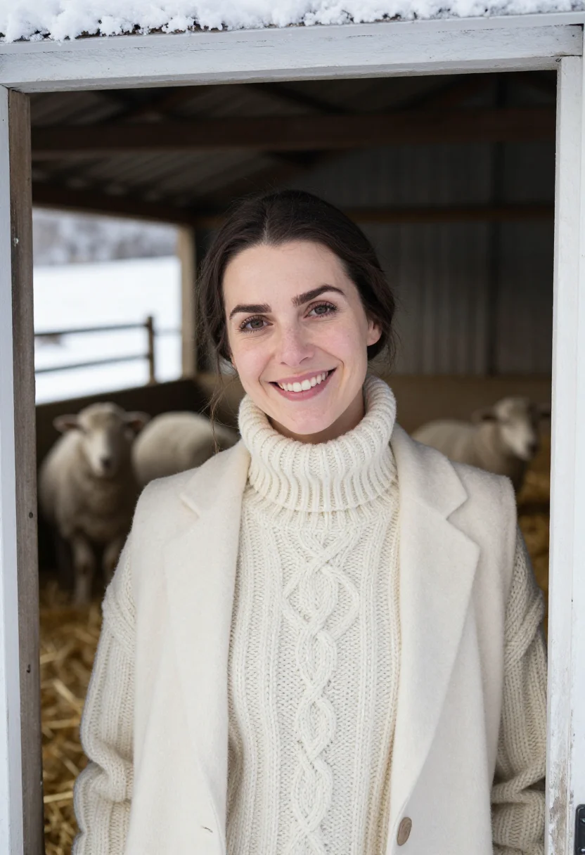 AI shepherdess lambing cream sample — portrait of a woman, framed tight on the head and the collar
