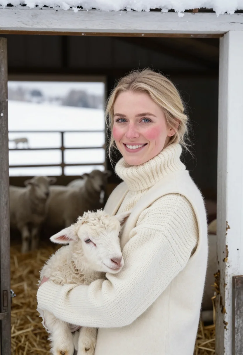 AI shepherdess lambing cream sample — portrait of a woman, framed head and shoulders, tighter, the