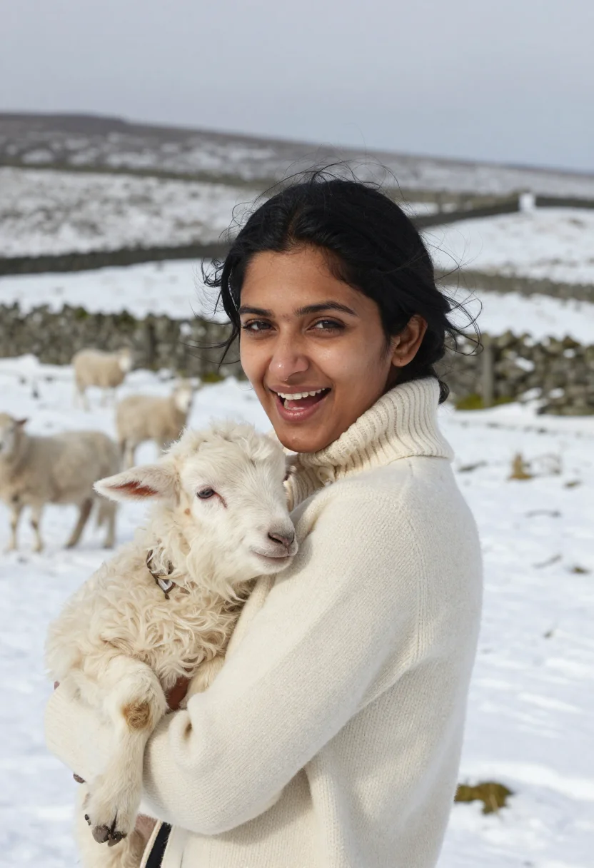 AI shepherdess lambing cream sample — portrait of a woman, framed head and shoulders, tighter, the
