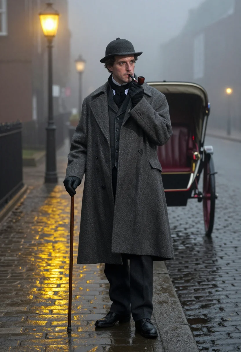 AI sherlock holmes sample — portrait of a man, a full-length portrait from slightly belo