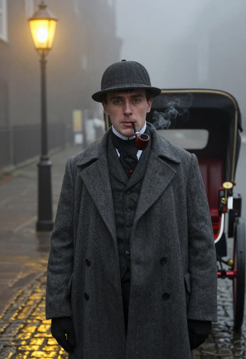 AI sherlock holmes sample — portrait of a man, a half-length portrait at eye level of a