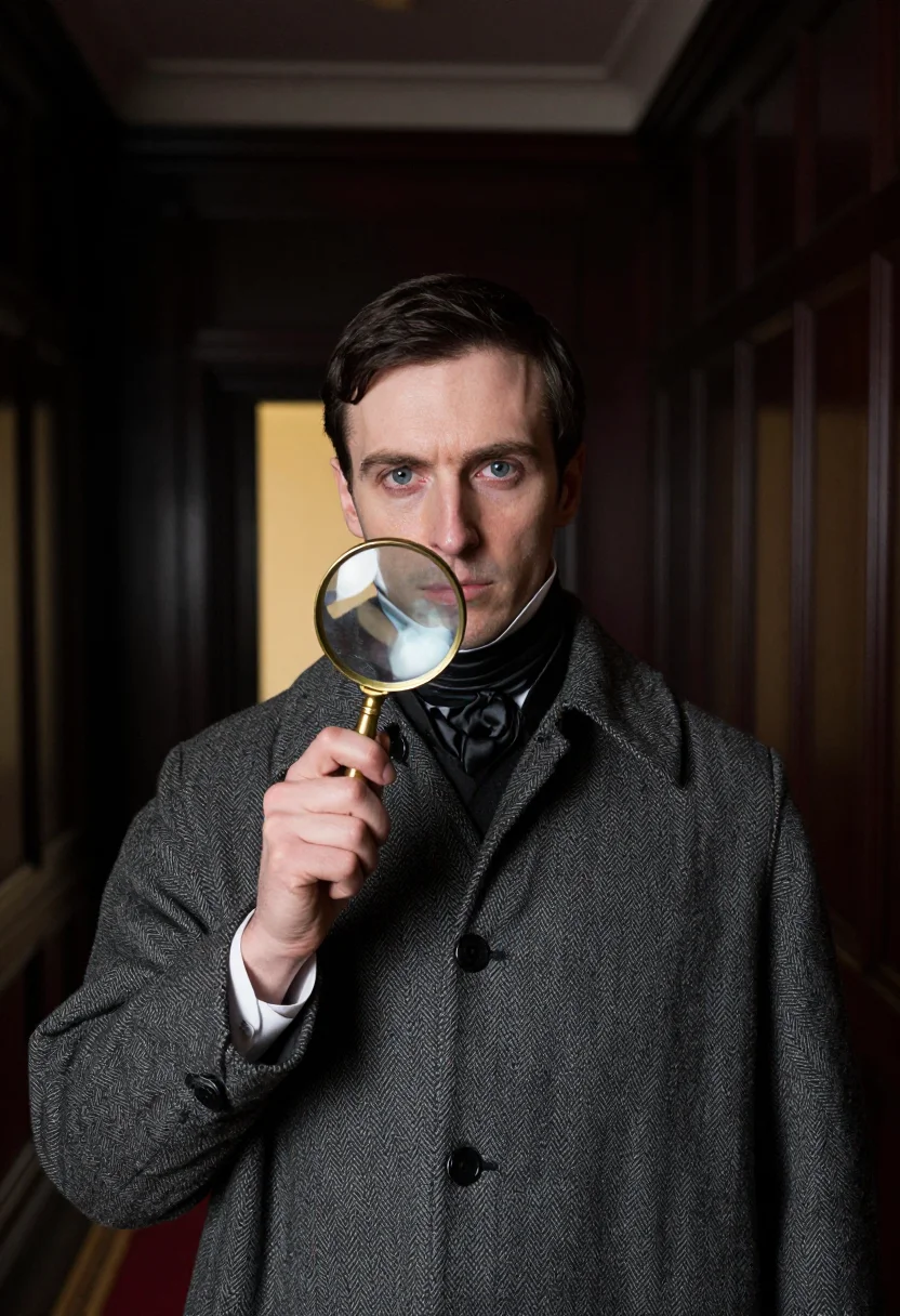 AI sherlock holmes sample — portrait of a man, a chest-up portrait at eye level of a man