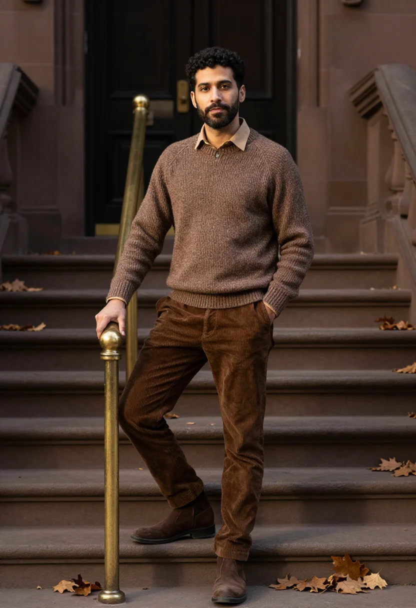 AI shetland marl brown sample — portrait of a man, framed full-length from the boots to just