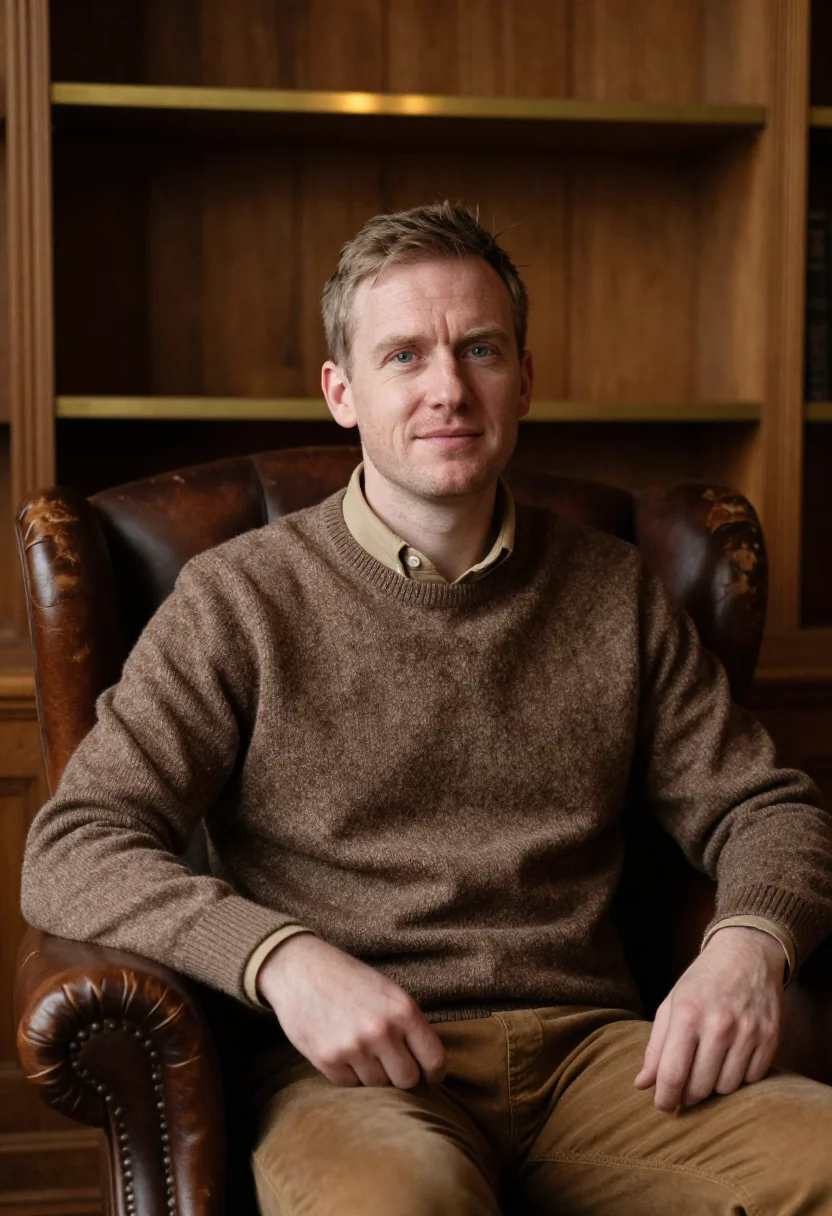 AI shetland marl brown sample — portrait of a man, framed chest-up from the ribs with the bo