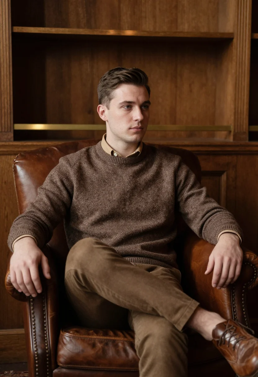 AI shetland marl brown sample — portrait of a man, framed three-quarter length from the knee