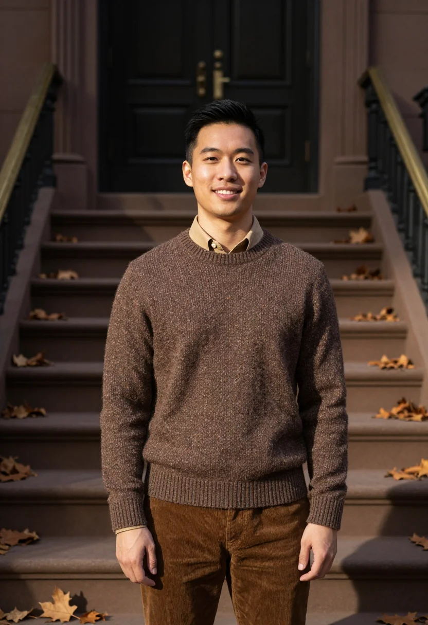 AI shetland marl brown sample — portrait of a man, framed chest-up from the ribs with the bo