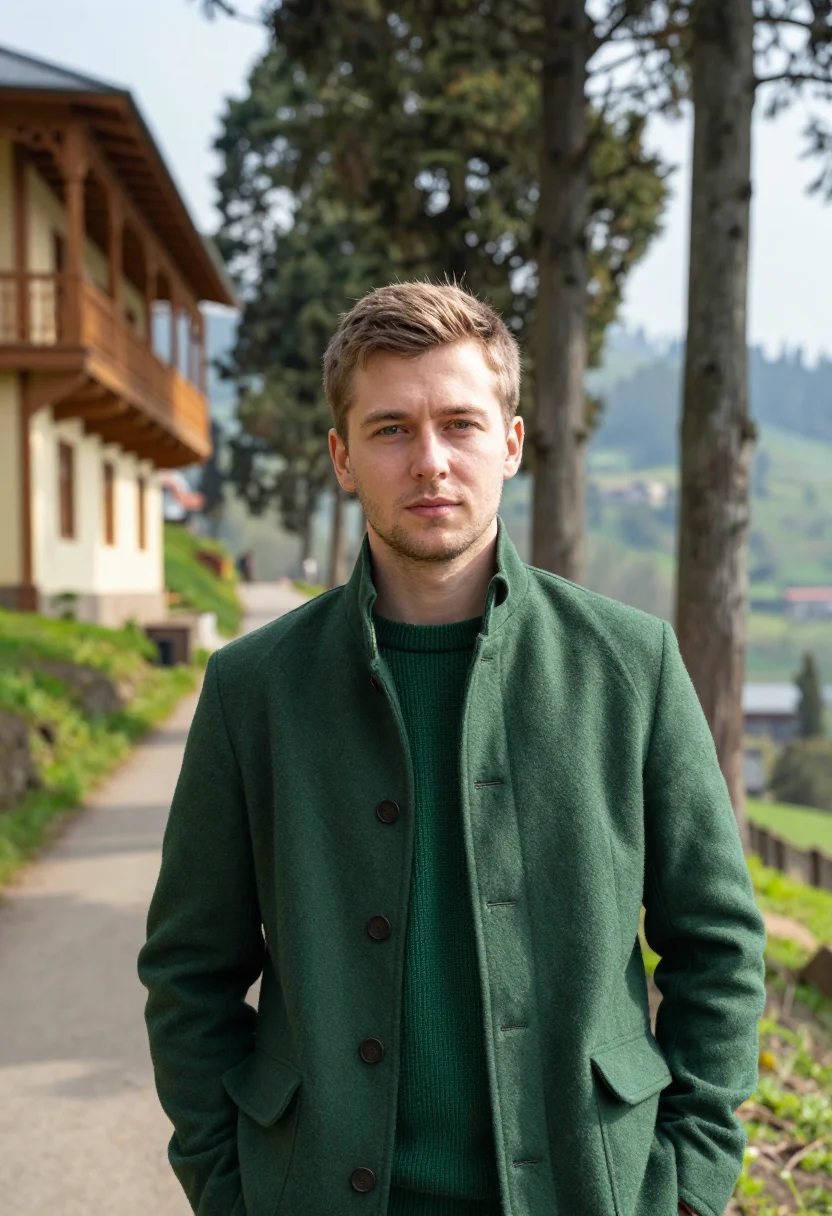 AI shimla rhododendron pine april green sample — portrait of a man, a German traveller in his early thirties