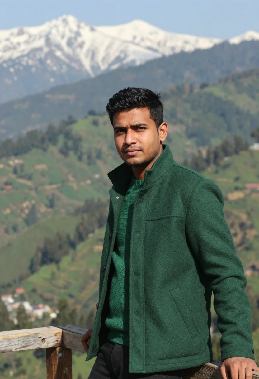 AI shimla rhododendron pine april green sample — portrait of a man, a Himachali traveller in his early thirti