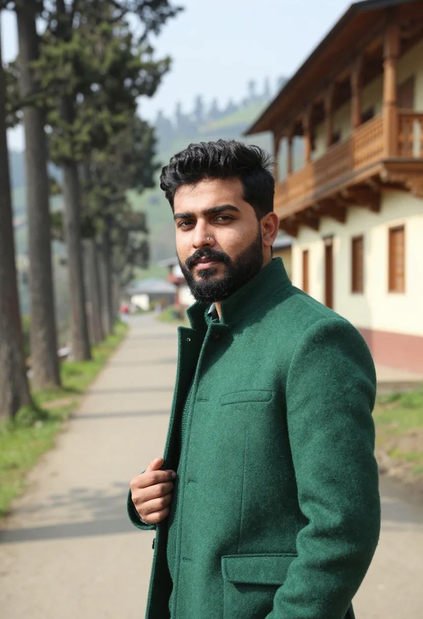 AI shimla rhododendron pine april green sample — portrait of a man, a Punjabi traveller in his late twenties