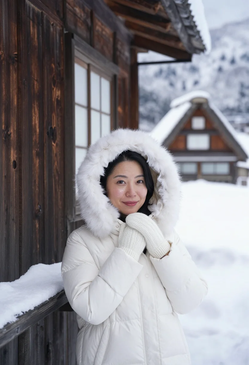 AI shirakawa go gassho snow sample — portrait of a woman, framed chest-up, the crop stopping at t