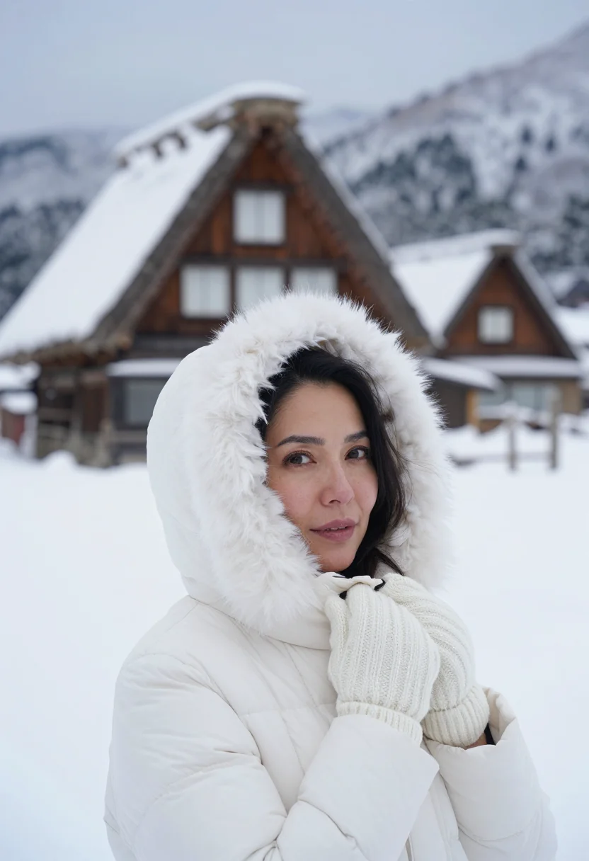 AI shirakawa go gassho snow sample — portrait of a woman, framed tight, head and shoulders, the b
