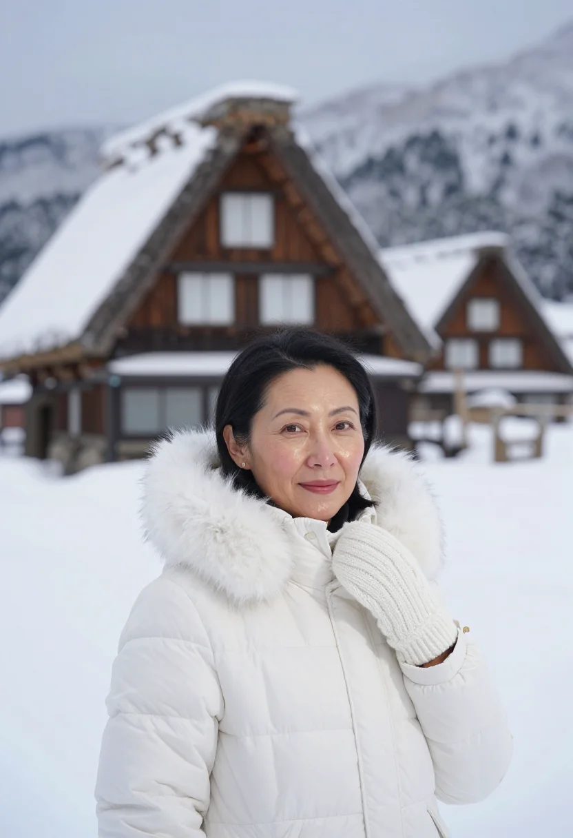 AI shirakawa go gassho snow sample — portrait of a woman, framed chest-up, the crop stopping at t