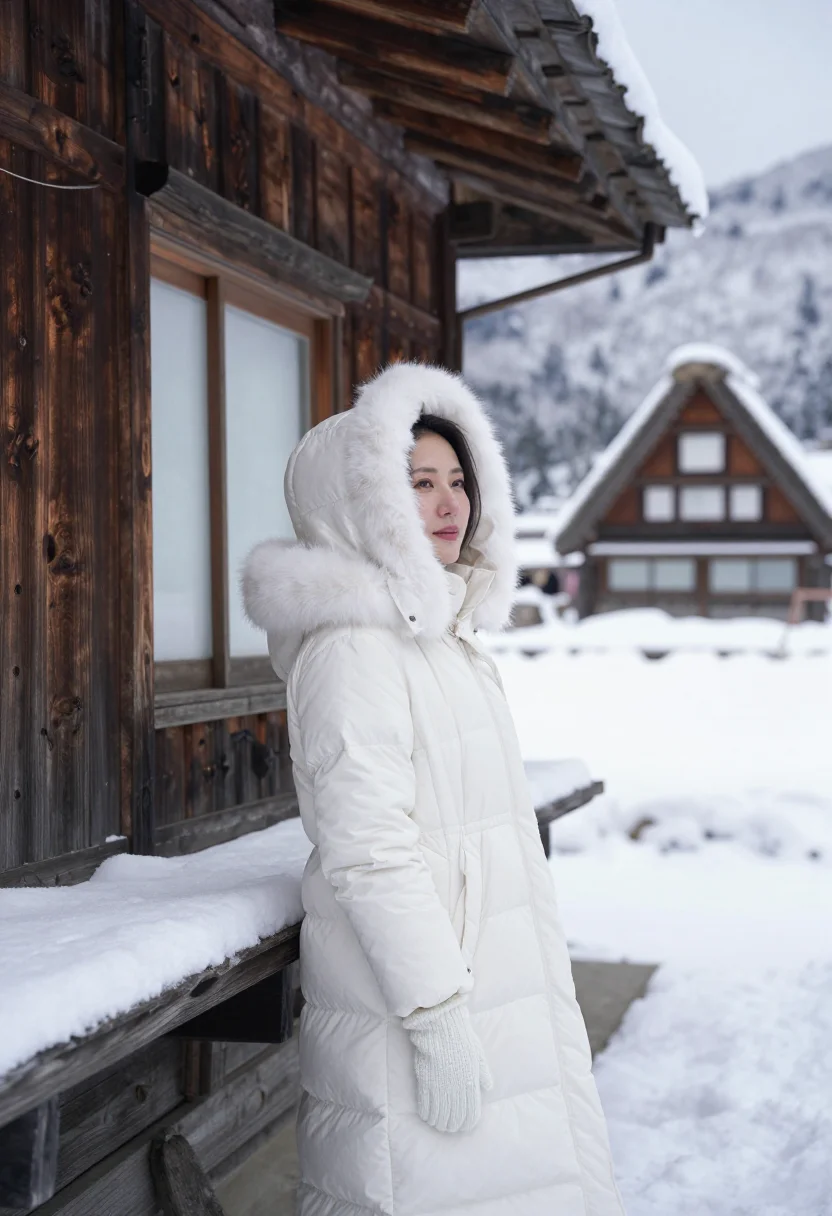 AI shirakawa go gassho snow sample — portrait of a woman, framed half-length, the crop at the wai