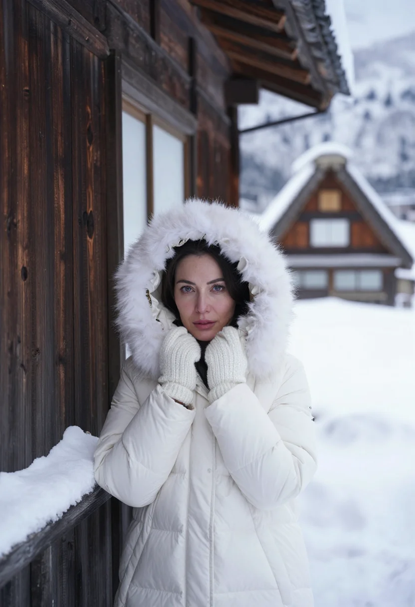 AI shirakawa go gassho snow sample — portrait of a woman, framed tight, head and shoulders, the b