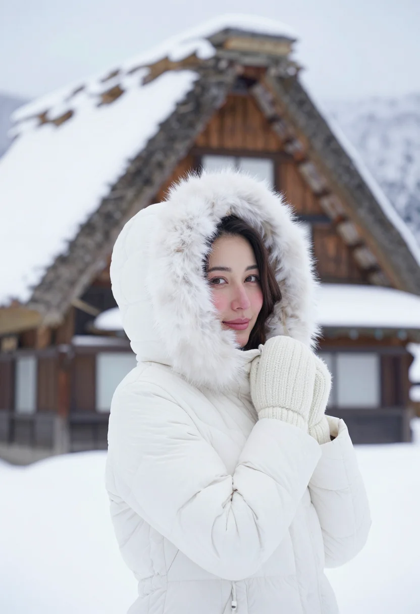 AI shirakawa go gassho snow sample — portrait of a woman, framed chest-up, the crop stopping at t