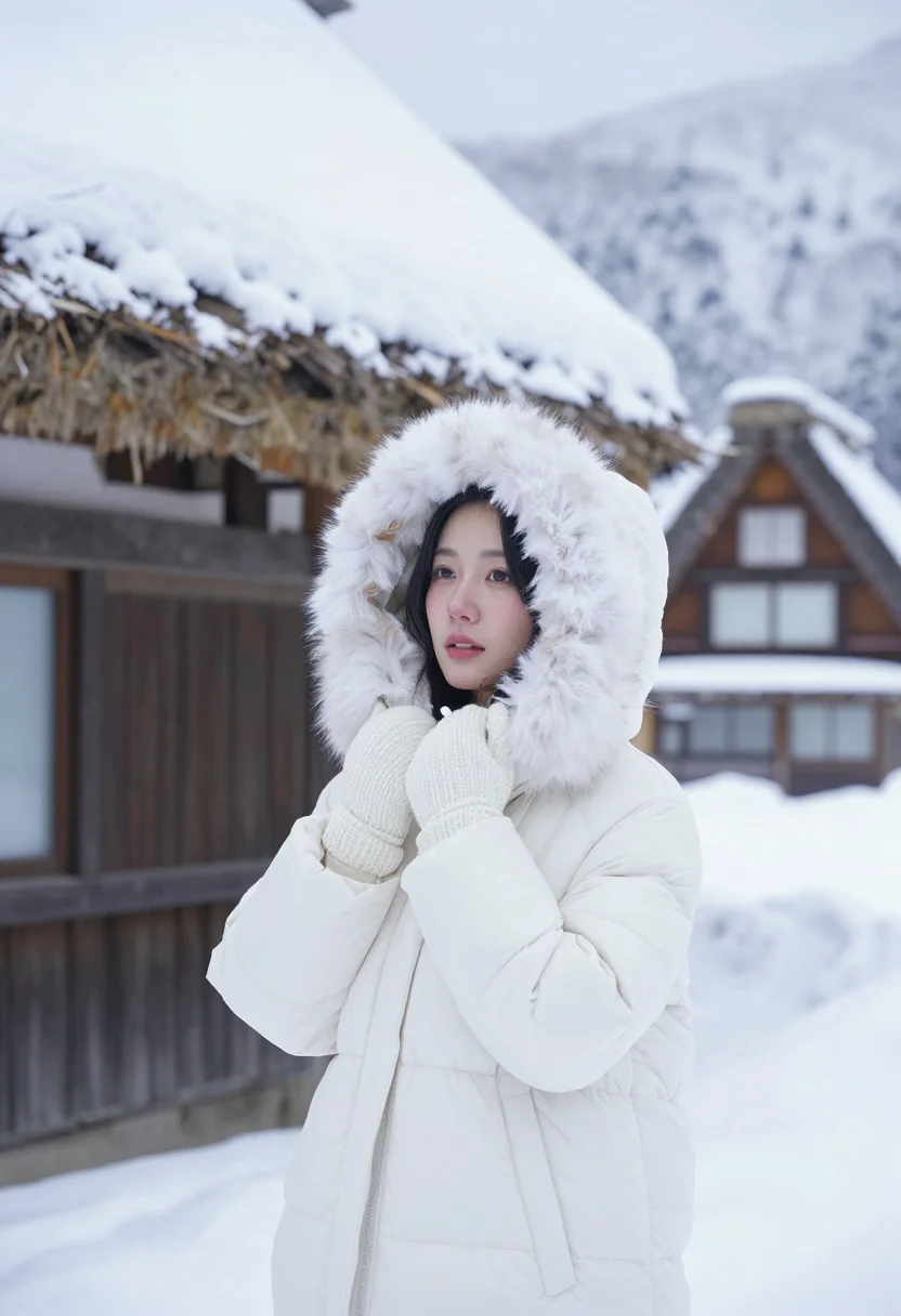 AI shirakawa go gassho snow sample — portrait of a woman, framed half-length, the crop at the wai