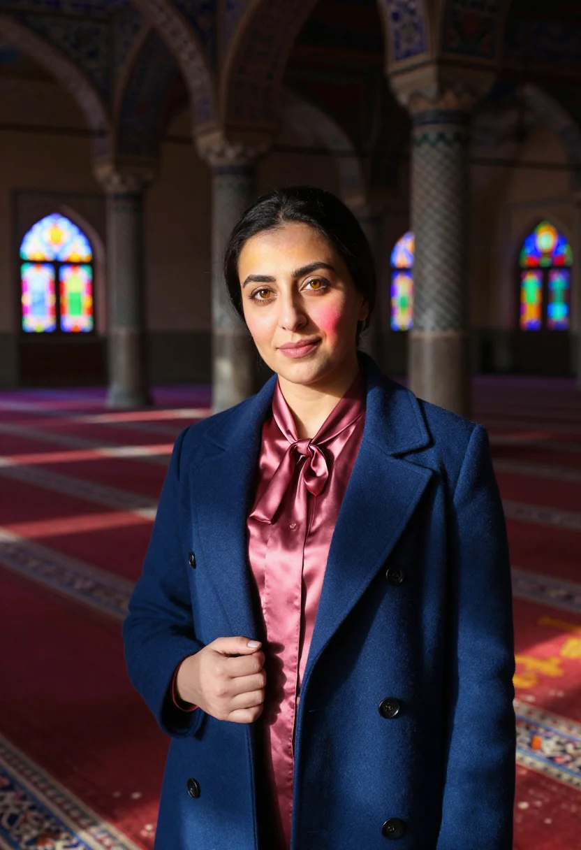 AI shiraz mosque conservator stained palette sample — portrait of a woman, a conservator in her mid-thirties of Ir