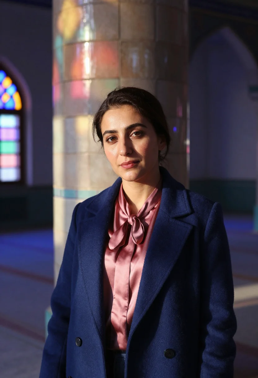 AI shiraz mosque conservator stained palette sample — portrait of a woman, a conservator in her early forties of I