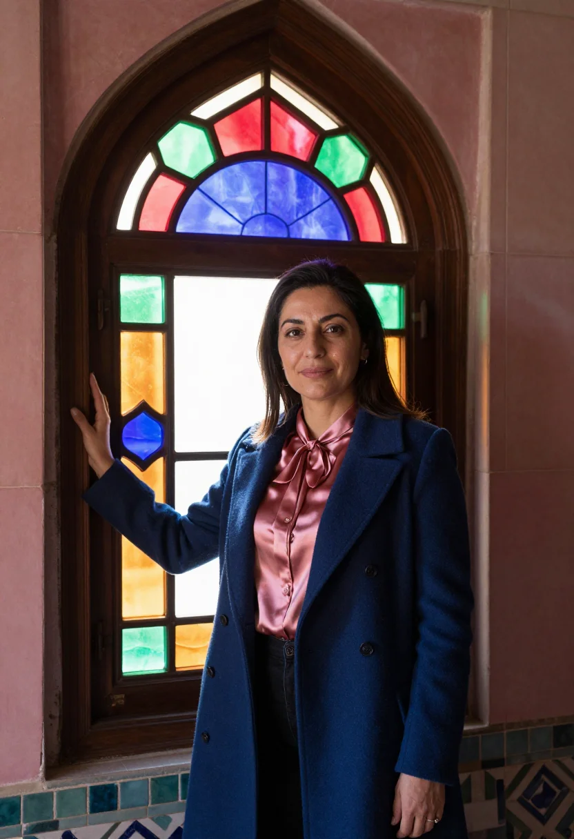 AI shiraz mosque conservator stained palette sample — portrait of a woman, a conservator in her mid-forties of Spa