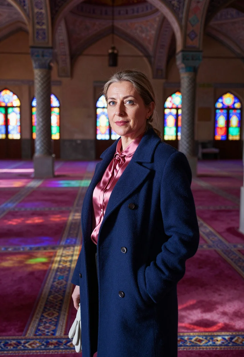 AI shiraz mosque conservator stained palette sample — portrait of a woman, a conservator in her late forties of Fr