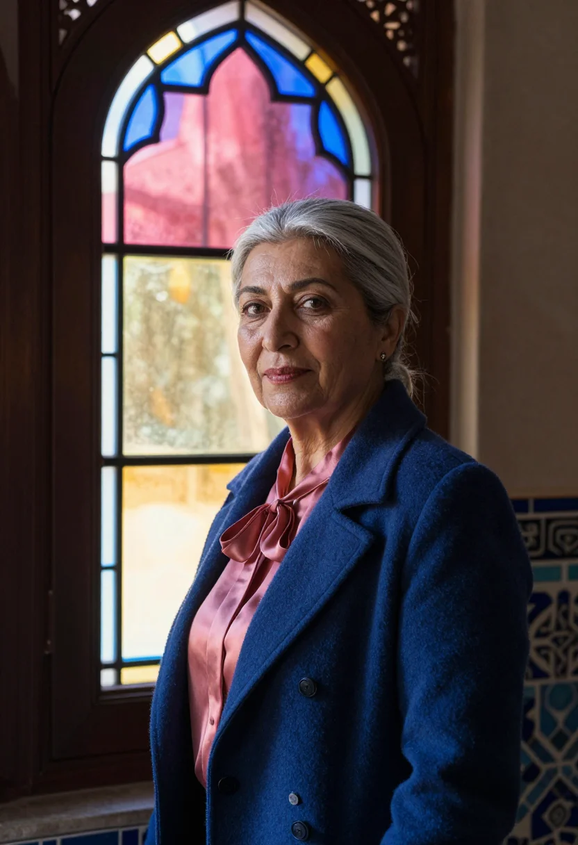 AI shiraz mosque conservator stained palette sample — portrait of a woman, a conservator in her mid-fifties of Ira