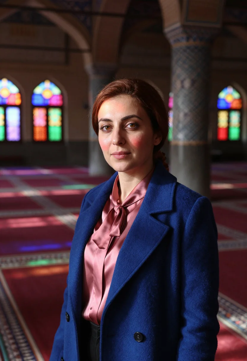 AI shiraz mosque conservator stained palette sample — portrait of a woman, a conservator in her early forties of I