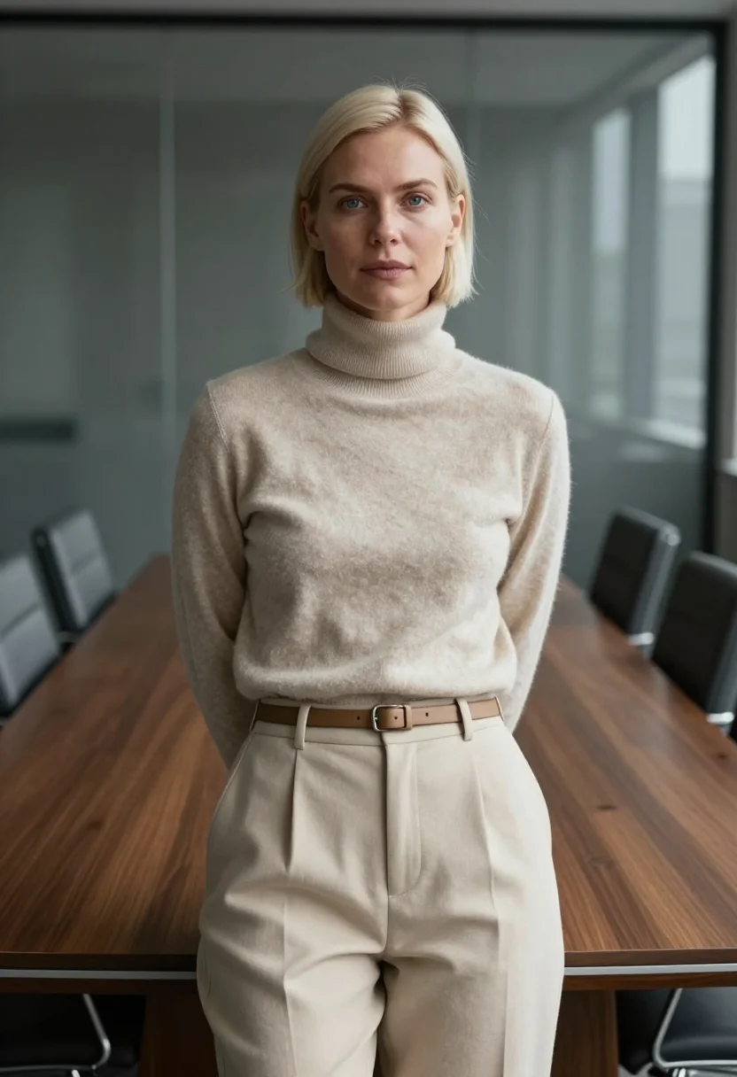 AI shiv roy waystar oatmeal sample — portrait of a woman, a Swedish woman in her mid-thirties wit
