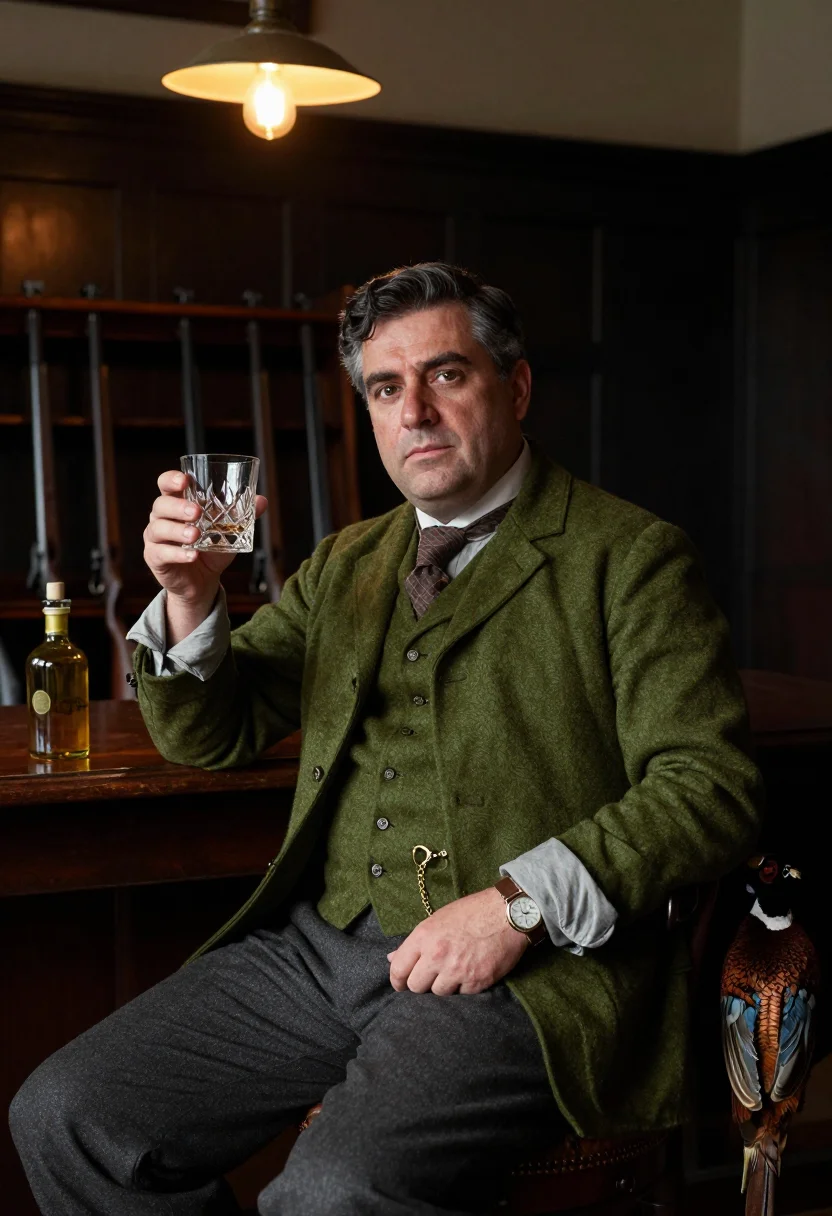 AI shooting party sample — portrait of a man, half-length seated three-quarter portrait