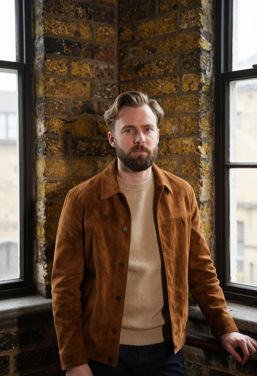 AI shoreditch creative director stock brick sample — portrait of a man, in his late thirties, with fair skin, blu