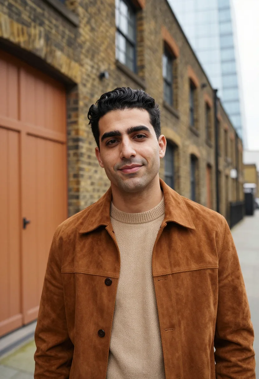 AI shoreditch creative director stock brick sample — portrait of a man, in his early thirties, British Turkish, w