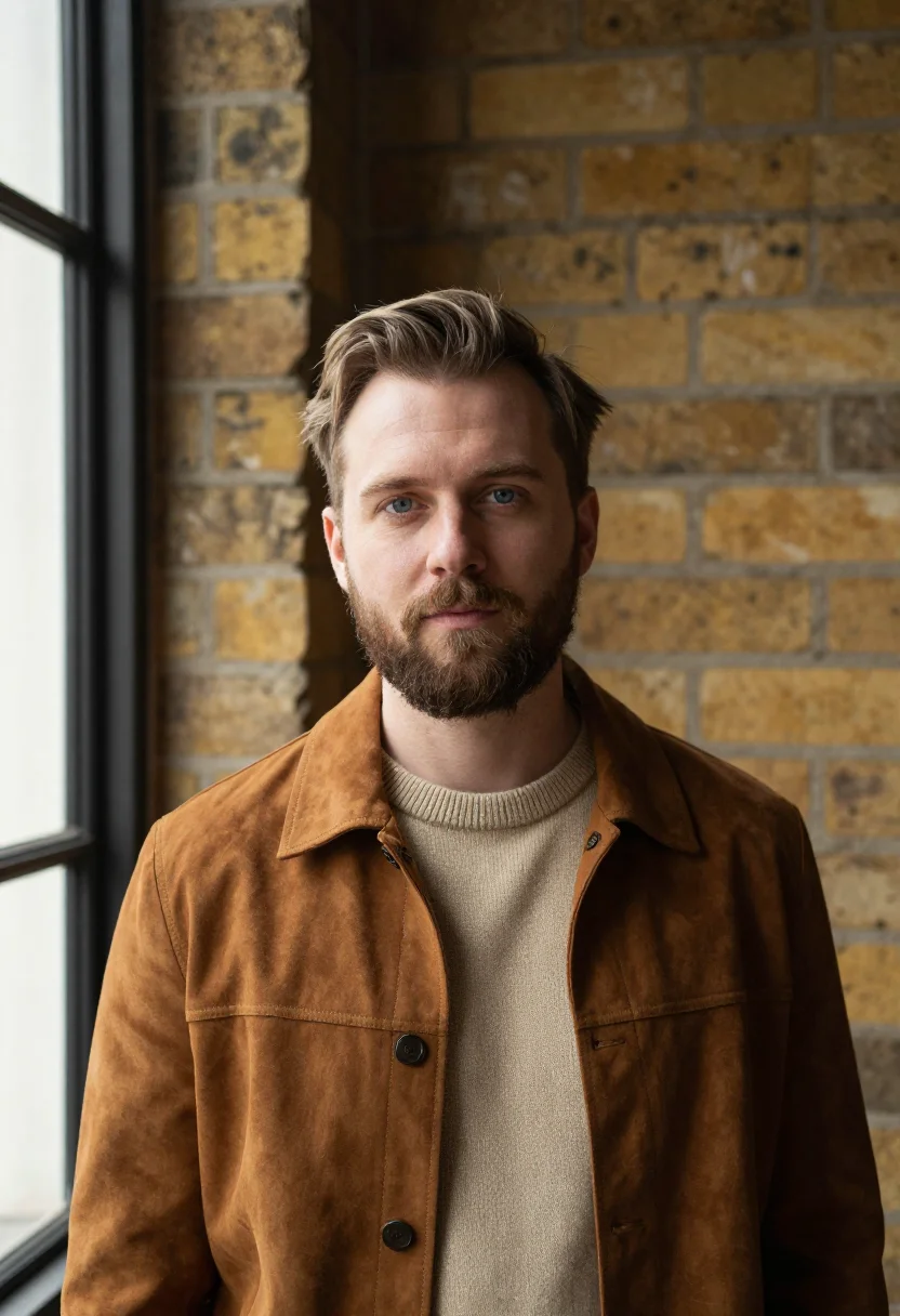 AI shoreditch creative director stock brick sample — portrait of a man, in his late thirties, with fair skin, blu