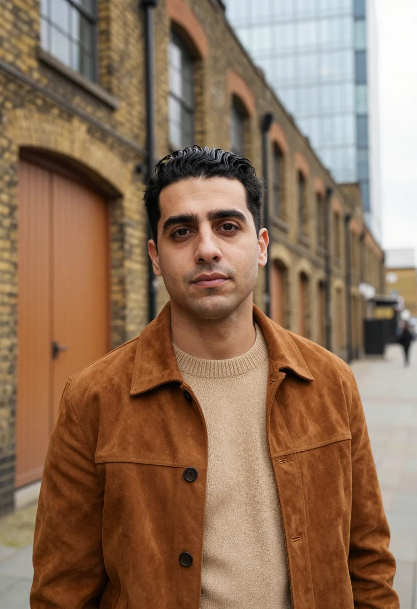 AI shoreditch creative director stock brick sample — portrait of a man, in his early thirties, British Turkish, w