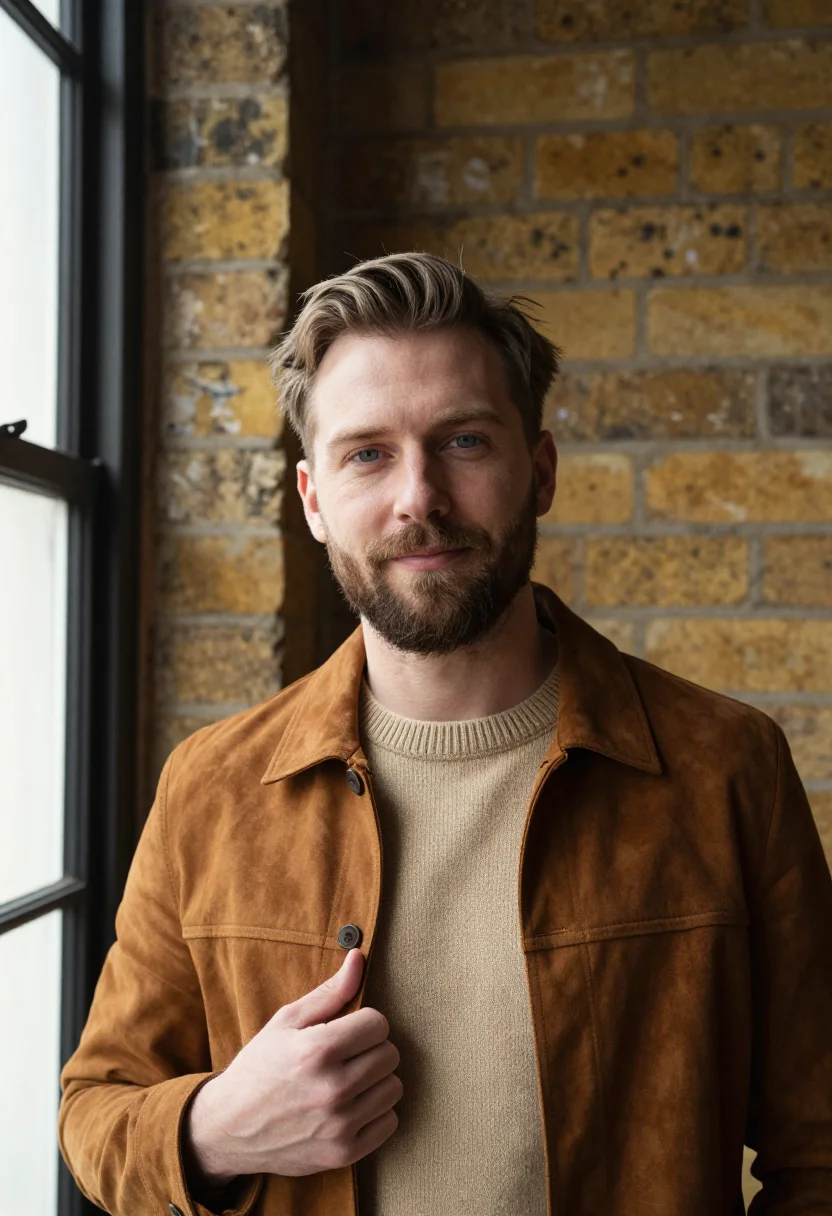 AI shoreditch creative director stock brick sample — portrait of a man, in his late thirties, with fair skin, blu