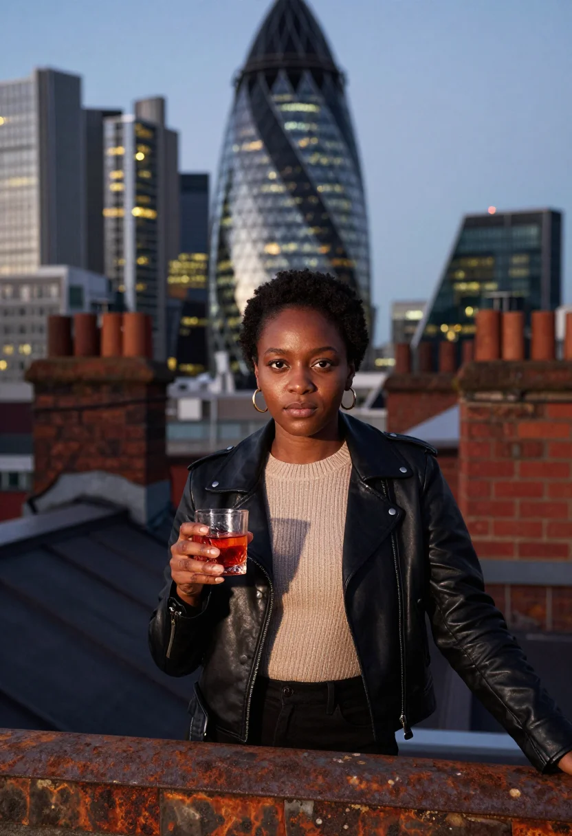 AI shoreditch creative sample — portrait of a woman, waist-up portrait of a Black British wo