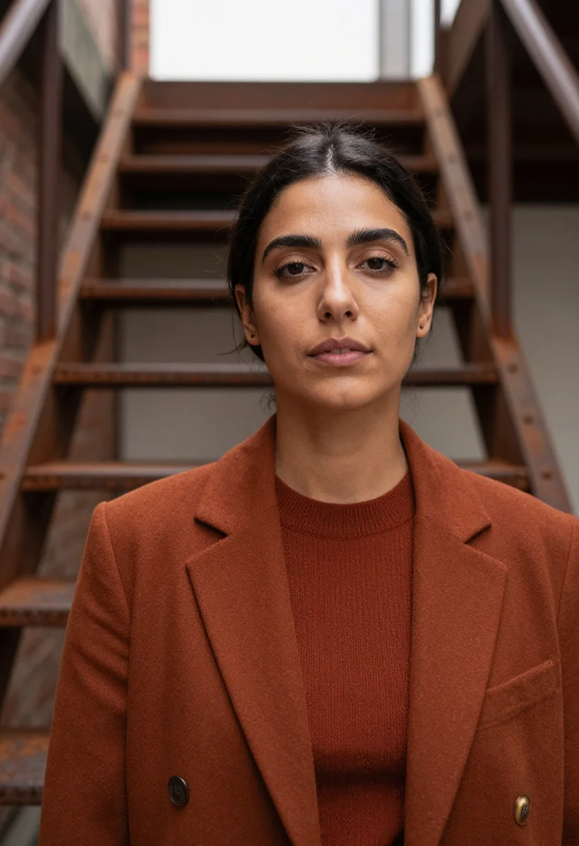 AI shoreditch founder rust sample — portrait of a woman, tight headshot of a Mediterranean woman