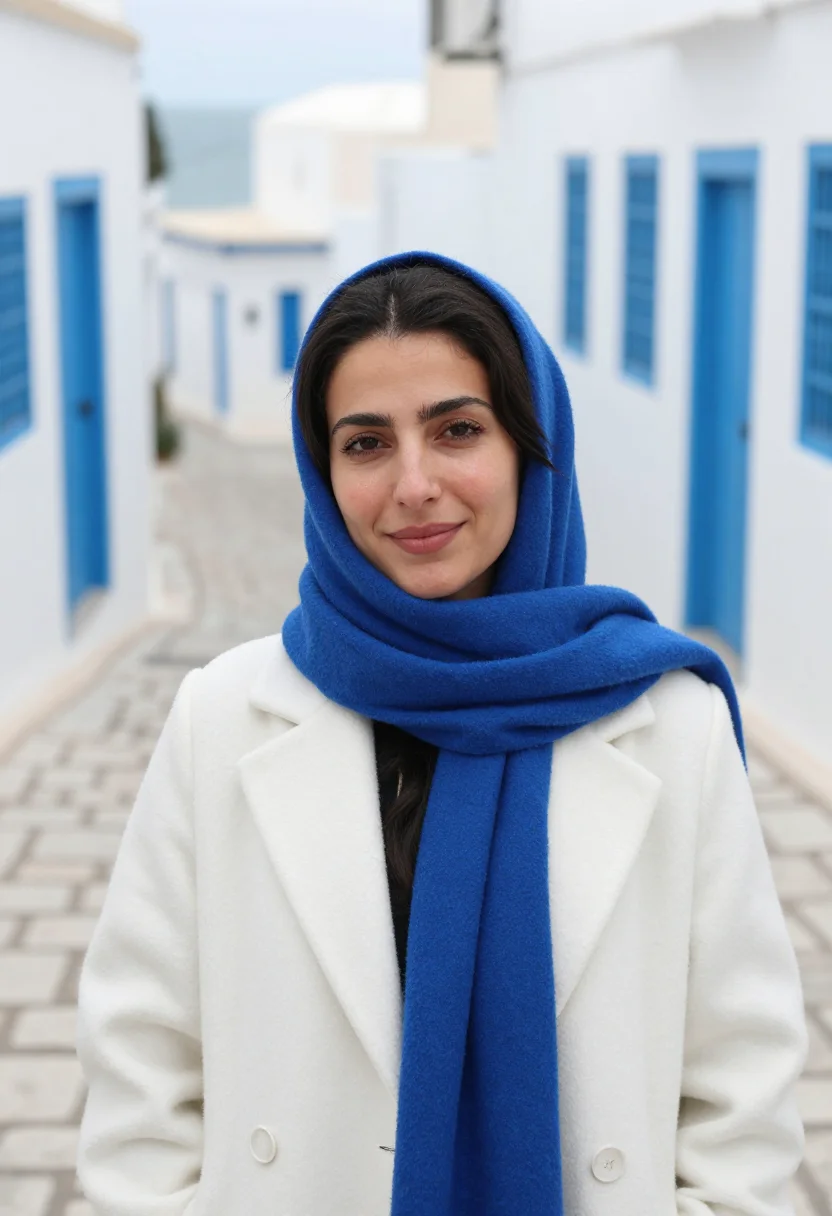 AI sidi bou said november blue white sample — portrait of a woman, tight head-and-shoulders portrait of a