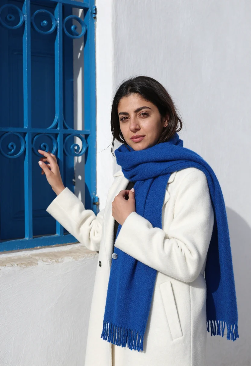 AI sidi bou said november blue white sample — portrait of a woman, half-length portrait of a Tunisian woma