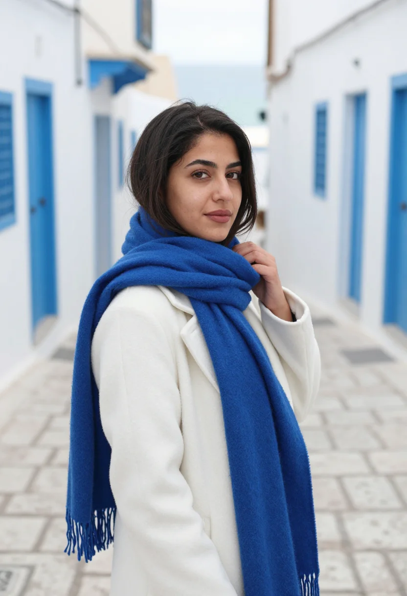 AI sidi bou said november blue white sample — portrait of a woman, chest-up portrait of a Tunisian woman i