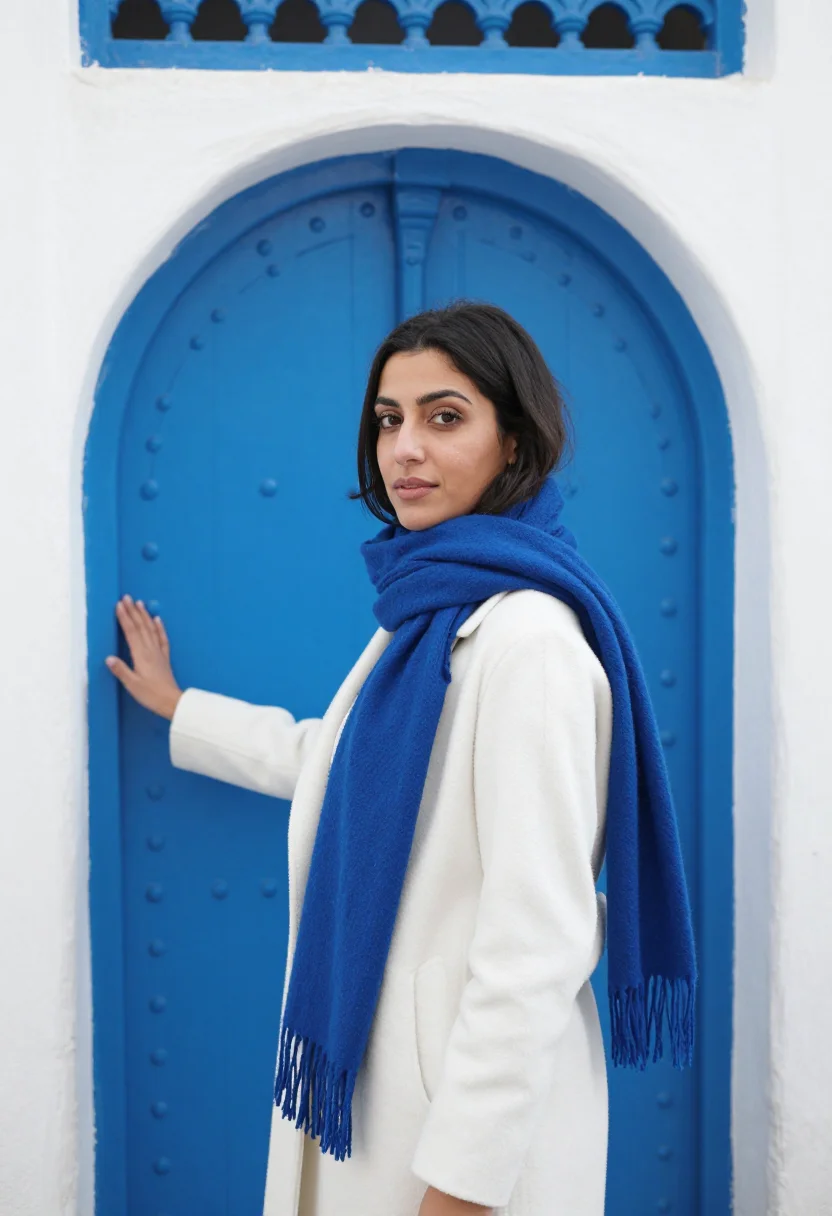 AI sidi bou said november blue white sample — portrait of a woman, chest-up portrait of a Tunisian woman i