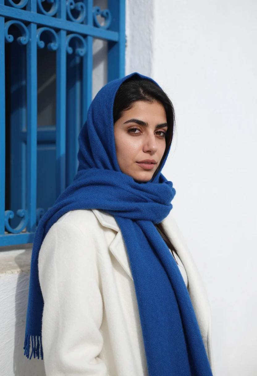 AI sidi bou said november blue white sample — portrait of a woman, tight head-and-shoulders portrait of a