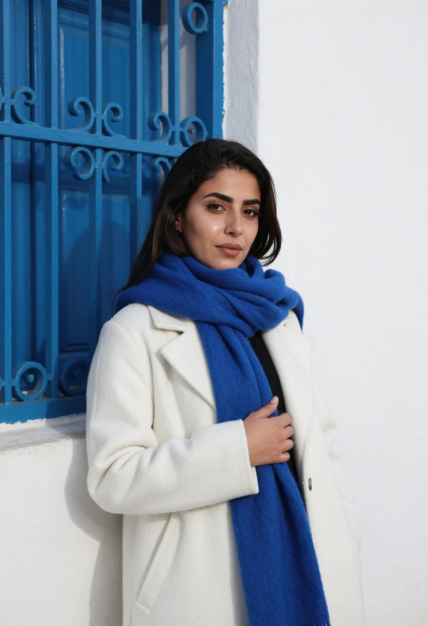AI sidi bou said november blue white sample — portrait of a woman, chest-up portrait of a Tunisian woman i