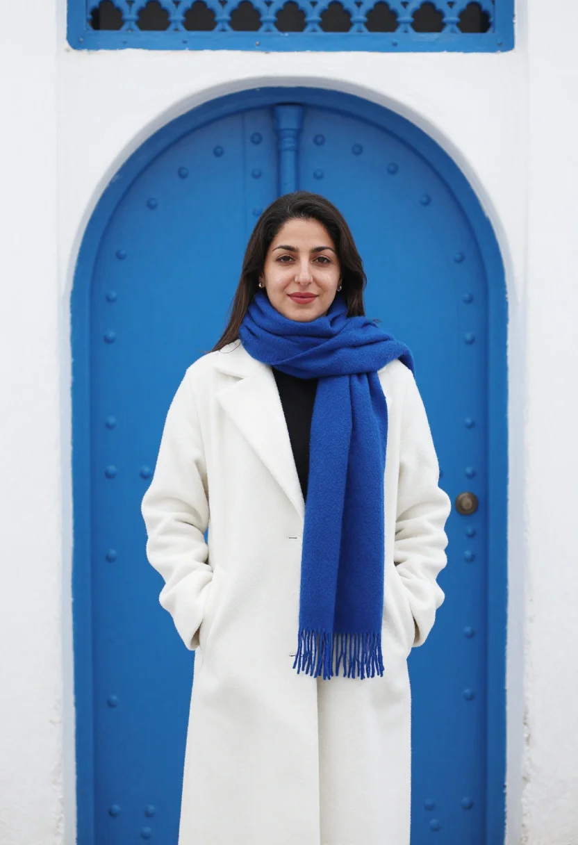 AI sidi bou said november blue white sample — portrait of a woman, three-quarter-length portrait of a Tuni